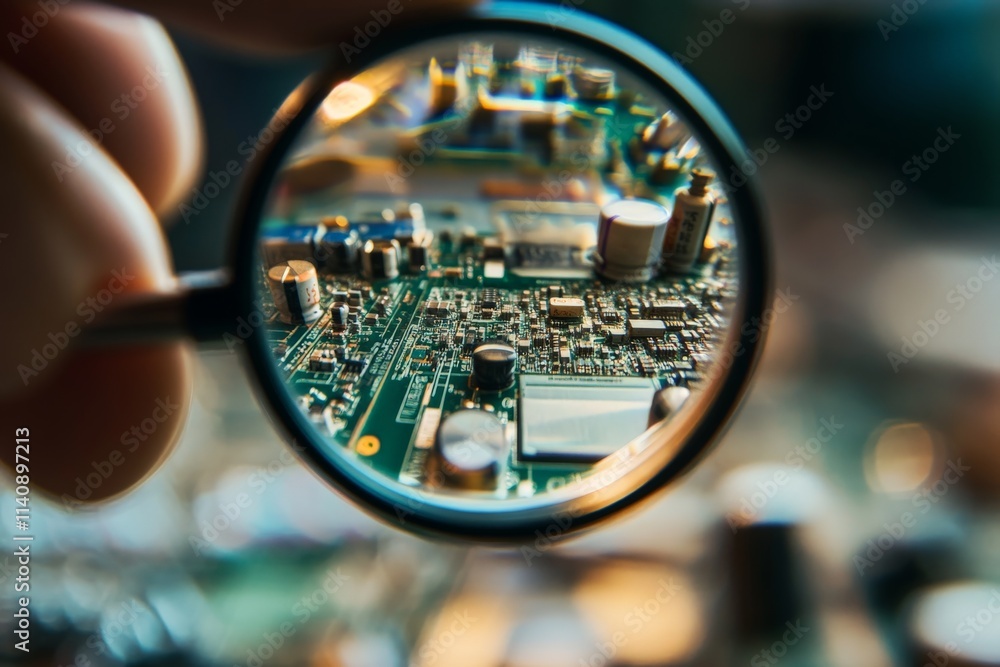 Aufkleber A close-up of a circuit board viewed through a magnifying glass, showcasing intricate electronic components and the complexity of technology in modern devices.