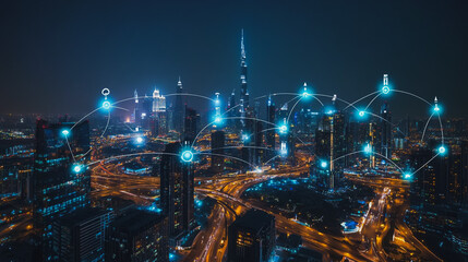 Fototapeta premium Smart digital city with connection cyber security network reciprocity over the cityscape . future smart wireless digital city and social media networking systems that connects people within the city