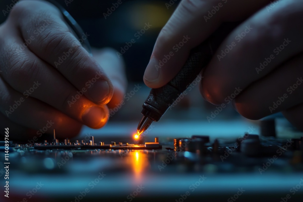 Aufkleber A close-up view of skilled hands soldering tiny components on a circuit board, showcasing precision and technical expertise in electronics repair and assembly.