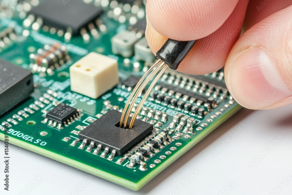 Poster a technician’s hand skillfully connects delicate wires to a microchip on a circuit board, emphasizin