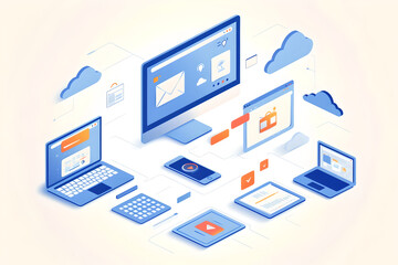 Obraz premium Business digital system, data set in technology. Communication of computer and electronic devices via cloud network. 3D isometric flat illustration