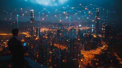 Fototapeta premium Smart digital city with connection cyber security network reciprocity over the cityscape . future smart wireless digital city and social media networking systems that connects people within the city