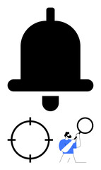Large notification bell, crosshair target icon, and person with magnifying glass investigating bell. Ideal for alert systems, analysis concepts, focus, productivity, goal setting, precision tasks