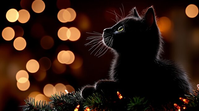 A black cat sitting on top of a christmas tree