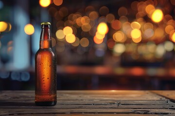 Vintage Wooden Table with Beer Bottle on Bokeh Bar Background, ideal for beverage advertising or restaurant ambiance
