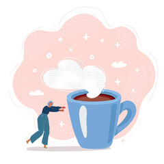 Cartoon vector illustration of woman walk toward to big mug
