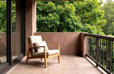 minimalist balcony with wooden chair paired with neutral cushion, surrounded by lush greenery, simplicity and tranquility concept. interior design inspiration, lifestyle poster