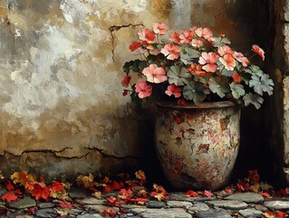 A painting of geraniums in an old weathered pot sitting on cobblestones.
