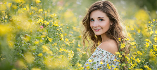 Spring Portrait of Woman in Floral Dress Among Yellow Wildflowers for Nature-Themed Displays