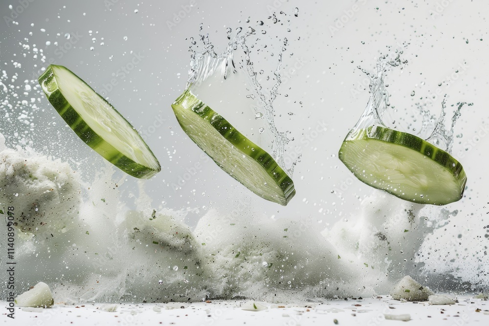 Poster cucumber slices exploding in water, isolated on white background, studio lighting