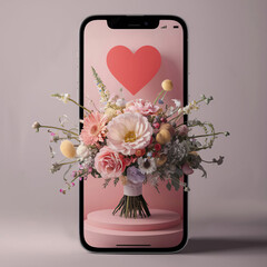 Smartphone on a pink background, on the screen - a bouquet of flowers and a heart. Realistic 3d illustration of online gift for Valentine's Day