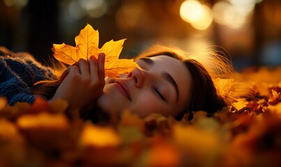 Serene young woman lying on autumn leaves, holding a single maple leaf.