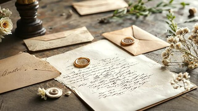 Love Letter in Calligraphy Surrounded by Dried Flowers and Envelopes