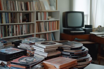 Stacks of vintage vinyl records fill a cozy room with bookshelves, a retro TV, and soft natural...