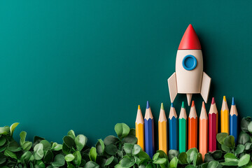 Wooden Rocket Model Above Colored Pencils and Greenery