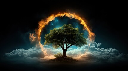 A solitary tree stands on a small hill, encircled by a glowing, fiery halo against a dramatic backdrop of clouds, embodying themes of nature and transformation.