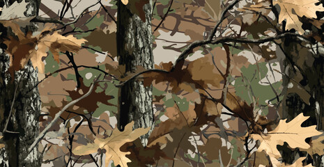Realistic camouflage print. Seamless pattern. tree, branches and leaves. Useable for hunting and military purposes. Camouflage pattern. 