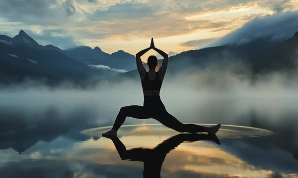 Silhouetted woman practicing tai chi chuan on a serene, misty lake at sunrise, mountains in the background.