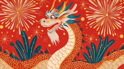 Obraz premium Chinese New Year Dragon Fireworks Celebration Background