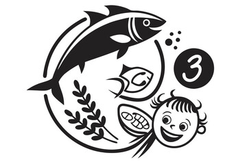 illustration icon for Omega 3 for kids black color and white background