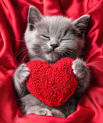 Smiling Grey Kitten Holding Red Knitted Heart, Lying on Smooth Red Silk — Perfect for Valentine’s Day Greeting