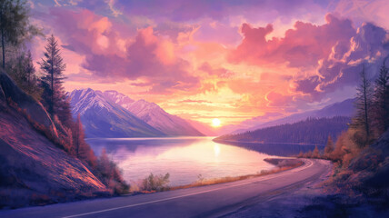 The empty road leading to the lake by sunset, adventure-themed, landscape vistas.
