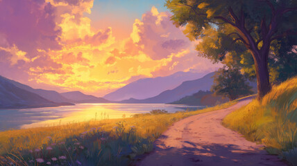 The empty road leading to the lake by sunset, adventure-themed, landscape vistas.