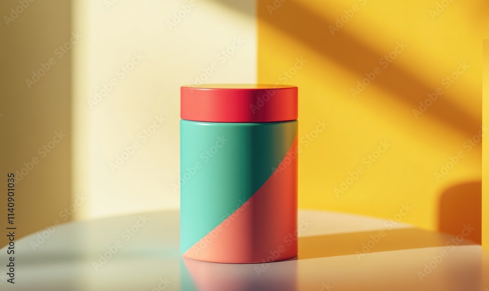 Poster a green and red container with a white stripe sits on a table
