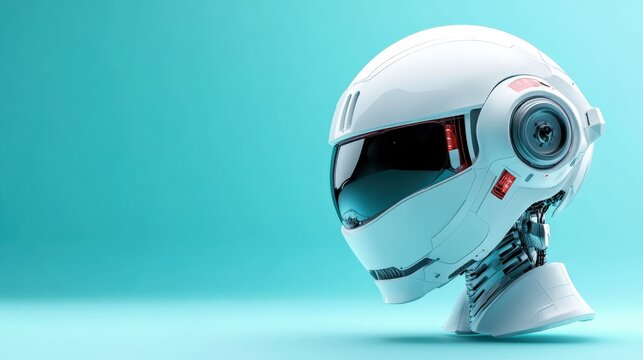A sleek white helmet with advanced robotic features is showcased against a blue background. This futuristic design emphasizes innovation and technological progress.