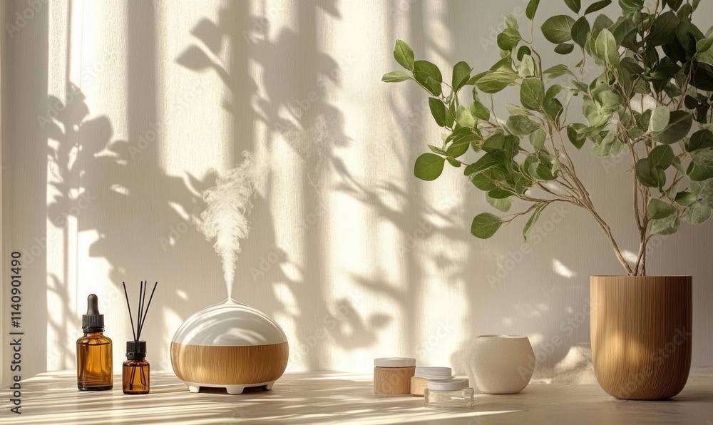 Poster a white wall with a plant and a diffuser on it