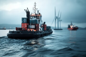 Tugboats navigate choppy waters under a moody sky, with wind turbines painting the horizon.