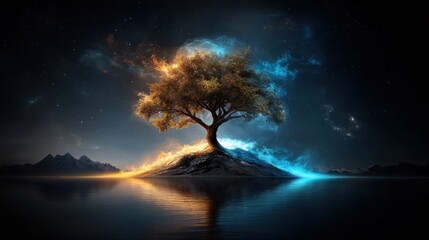 A tree stands on a water-covered island, surrounded by flames and icy blues under a cosmic, starry sky, illustrating a balance between opposing forces.