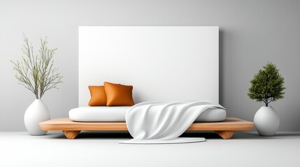 A minimalist wooden bed with orange pillows, white sheets, and potted plants showcasing a clean, modern aesthetic in a softly lit room interior.