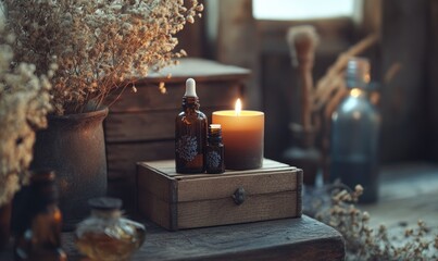 A wooden box with two bottles of oil and a candle