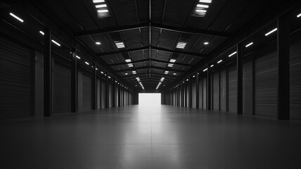 Three dimensional render of dark empty warehouse. AI generated