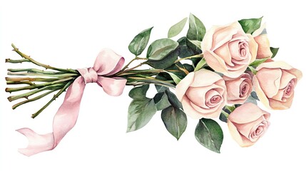 Watercolor illustration of a simple bouquet of roses tied with a ribbon.--ar 16:9