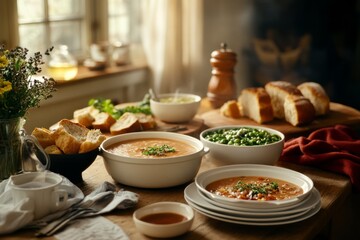 A rustic feast takes place in a cozy kitchen, surrounded by warm bread, steaming soup, and fresh greens.