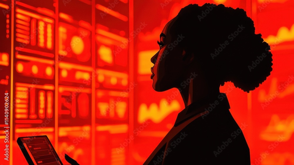 Poster a silhouette of a woman navigating a website with a cyber interface featuring large fonts and high-c