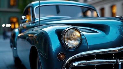 A blue vintage car with a chrome finish and a chrome headlight
