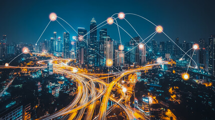 Smart digital city with connection cyber security network reciprocity over the cityscape . future smart wireless digital city and social media networking systems that connects people within the city