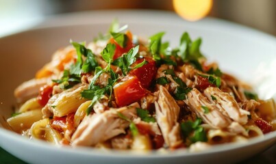 A white bowl of food with chicken and vegetables