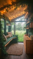 Fototapeta premium Cozy reading nook with greenery and natural light.