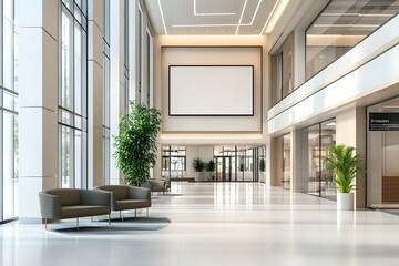 Modern business center lobby with open space and clean lines, providing room for overlaying promotional content