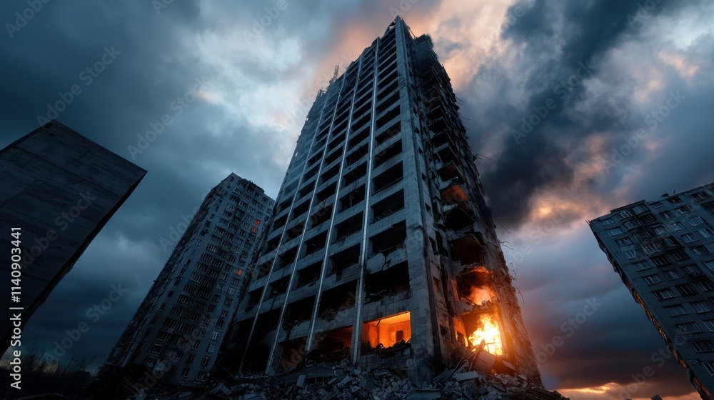 Poster a large building with a fire in it and a cloudy sky in the background