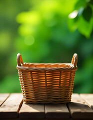 Empty wicker basket on wooden table with blurred nature background