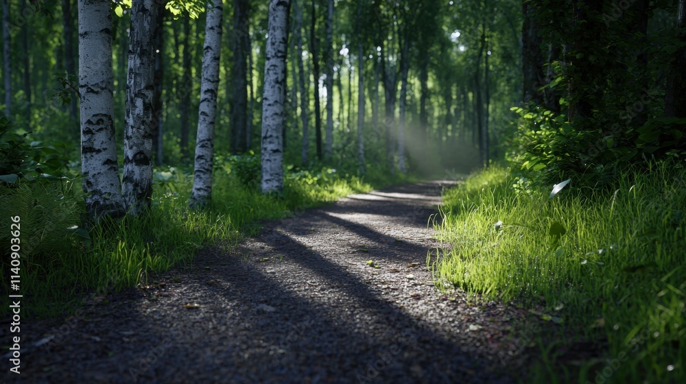 Poster a path through a forest with trees on either side