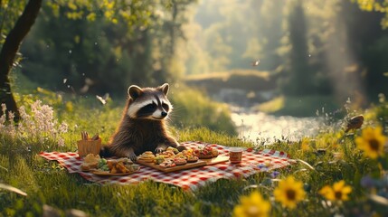 Obraz premium A raccoon enjoys a picnic in a sunny forest. The scene is cheerful and vibrant, surrounded by flowers and sunlight, with a delicious spread.