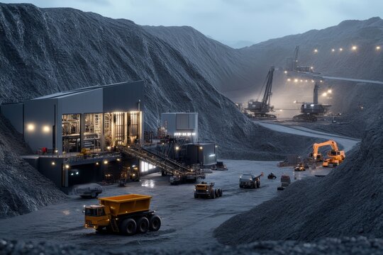 A sprawling mining site with heavy machinery and lights gleaming amid expansive rocky surroundings, depicting industriousness and modern engineering.