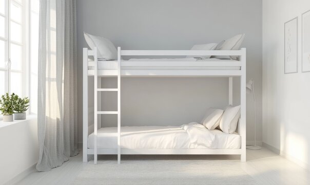 A white bunk bed with a ladder and a white sheet