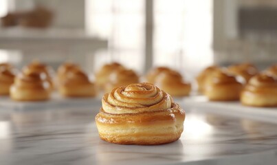 A cinnamon roll is sitting on a marble counter